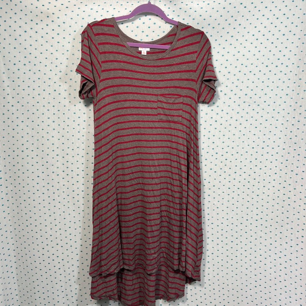 LulaRoe Carly Red & Gray Striped Short Sleeve Pocket Front Dress